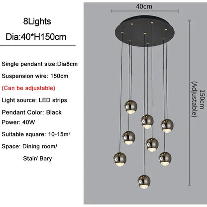 Modern black & gold crystal ball pendant light for living room