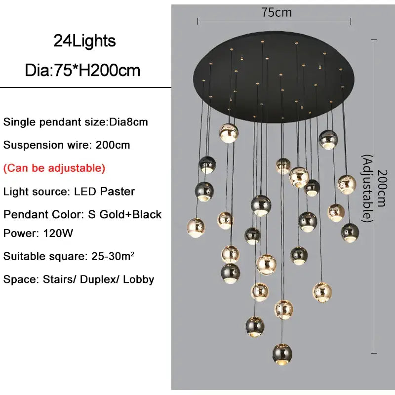 Modern black & gold crystal ball pendant light for living room