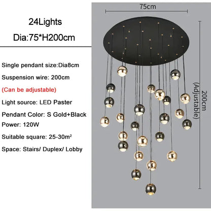 Modern black & gold crystal ball pendant light for living room