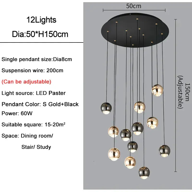 Modern black & gold crystal ball pendant light for living room