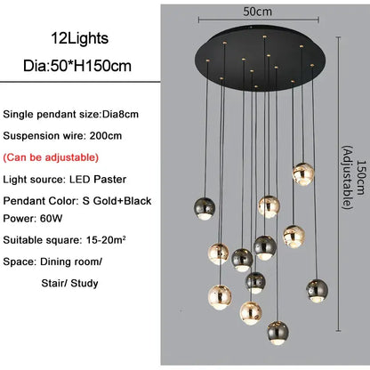 Modern black & gold crystal ball pendant light for living room