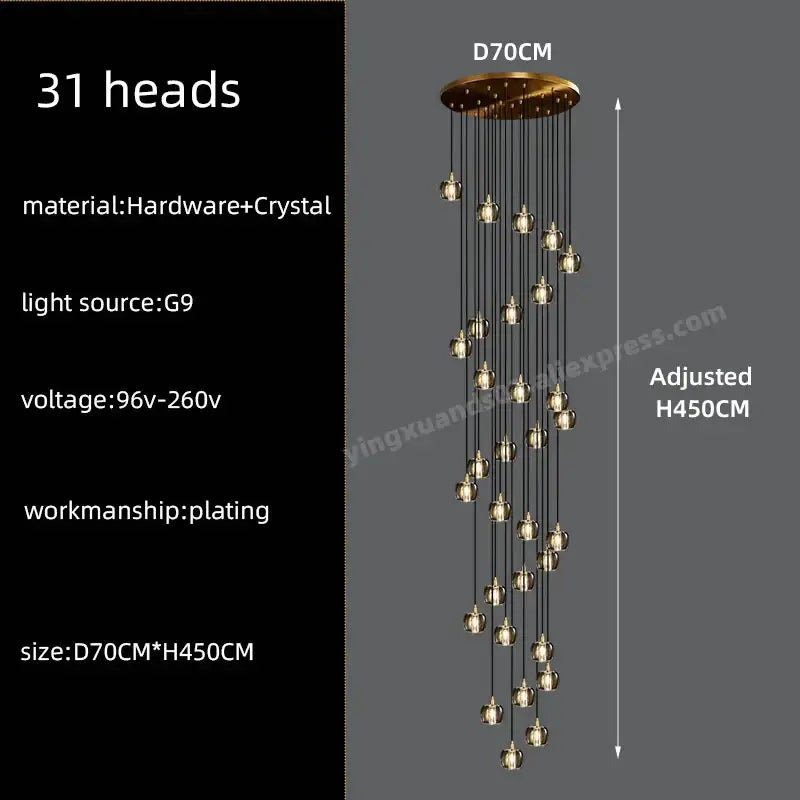 Modern black & gold crystal chandelier led staircase pendant light