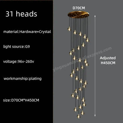 Modern black & gold crystal chandelier led staircase pendant light