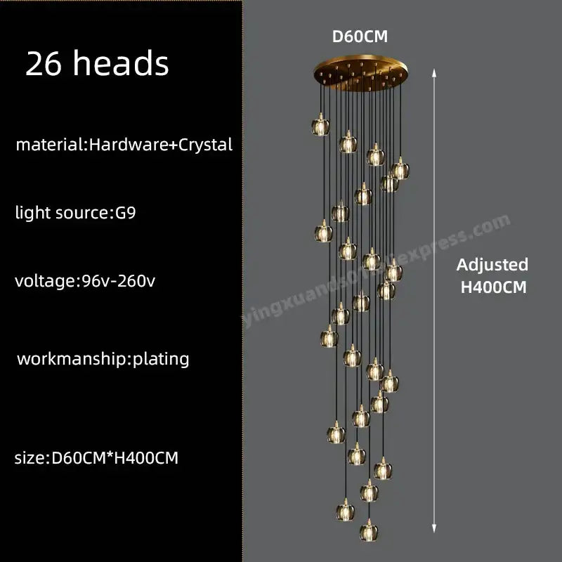 Modern black & gold crystal chandelier led staircase pendant light