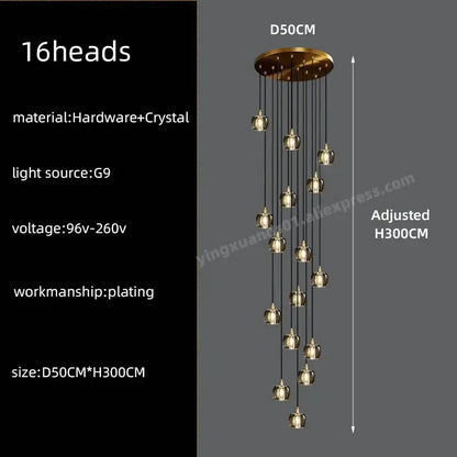 Modern black & gold crystal chandelier led staircase pendant light