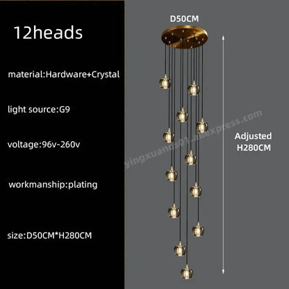 Modern black & gold crystal chandelier led staircase pendant light