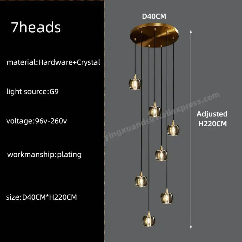 Modern black & gold crystal chandelier led staircase pendant light