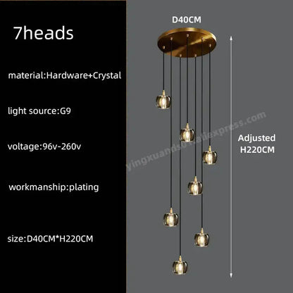 Modern black & gold crystal chandelier led staircase pendant light
