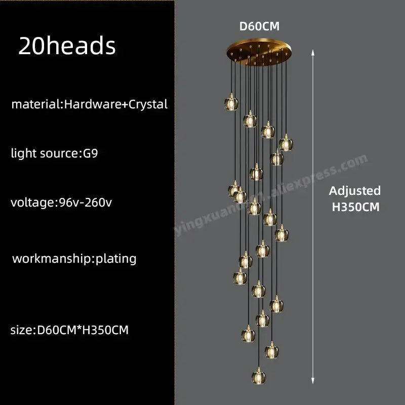 Modern black & gold crystal chandelier led staircase pendant light