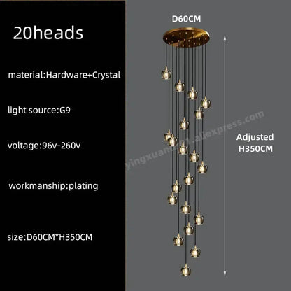 Modern black & gold crystal chandelier led staircase pendant light