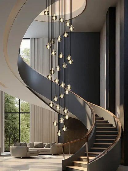 Modern black & gold crystal chandelier led staircase pendant light