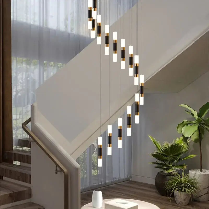 Modern black & gold crystal led chandelier staircase pendant light