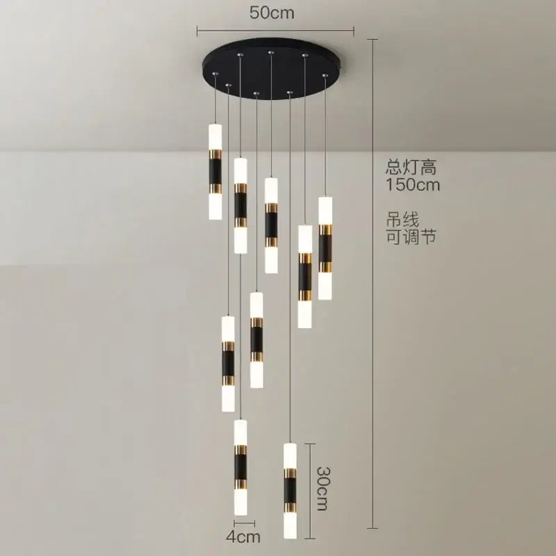 Modern black & gold crystal led chandelier staircase pendant light