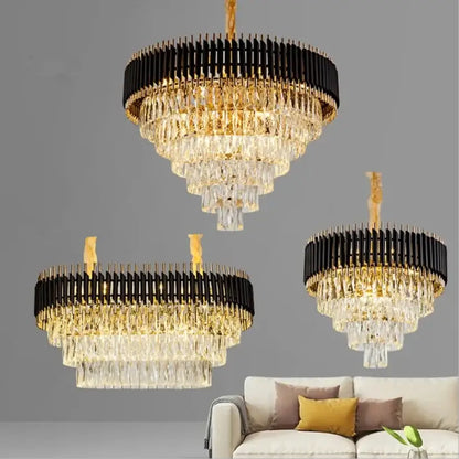 Modern black & gold crystal led pendant chandelier living room