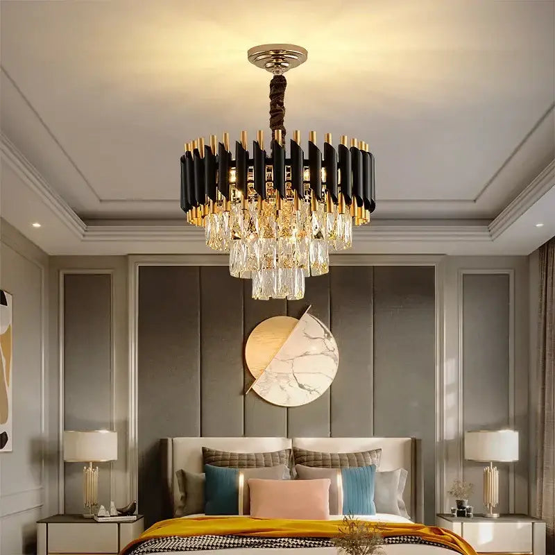 Modern black & gold crystal led pendant chandelier living room
