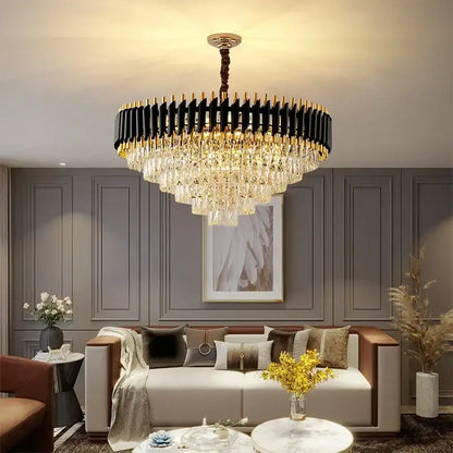 Modern black & gold crystal led pendant chandelier living room