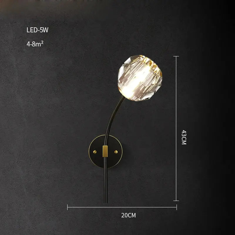 Modern black & gold crystal led wall sconce bedroom light