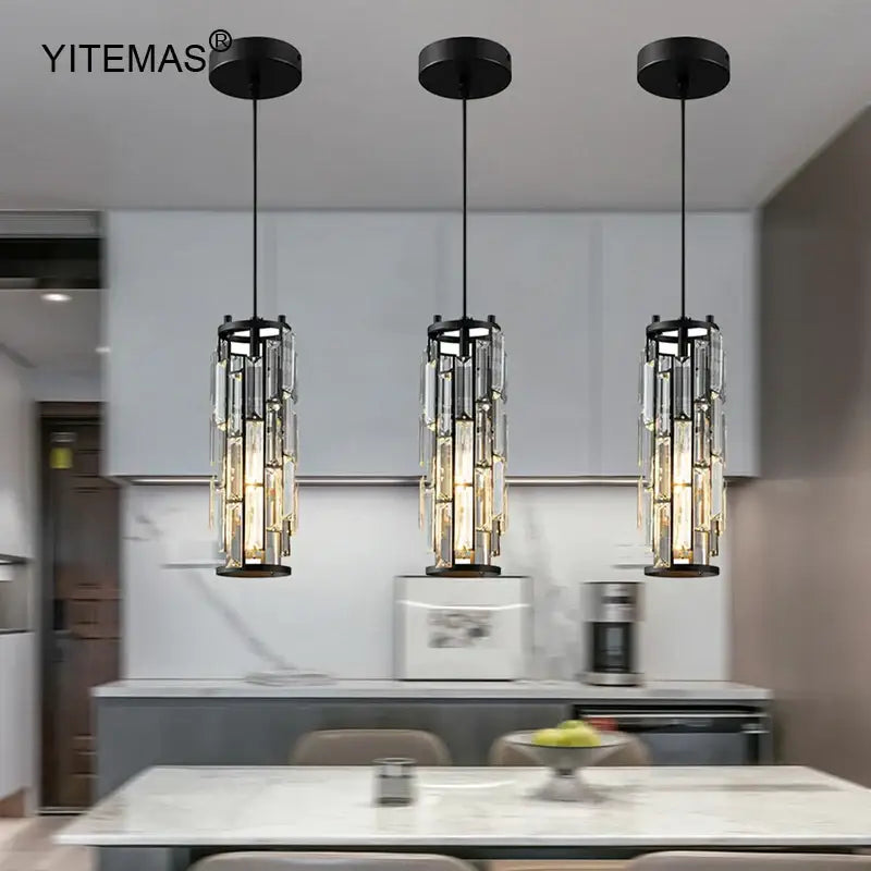 Modern black & gold crystal mini pendant chandelier – kitchen light