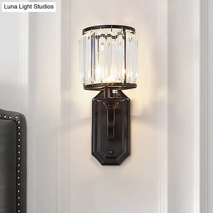 DecorBites™ Modern Black/Gold Cylinder Wall Light Sconce with Clear Crystal Accent for Bedroom