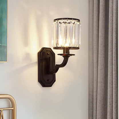 DecorBites™ Modern Black/Gold Cylinder Wall Light Sconce with Clear Crystal Accent for Bedroom