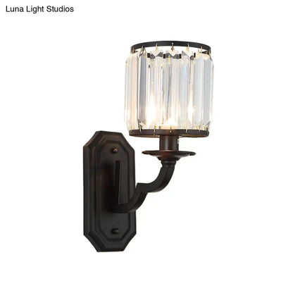 DecorBites™ Modern Black/Gold Cylinder Wall Light Sconce with Clear Crystal Accent for Bedroom
