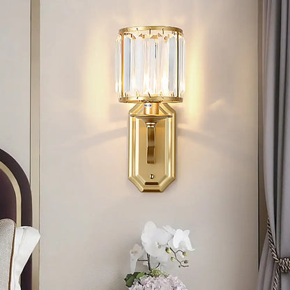 DecorBites™ Modern Black/Gold Cylinder Wall Light Sconce with Clear Crystal Accent for Bedroom