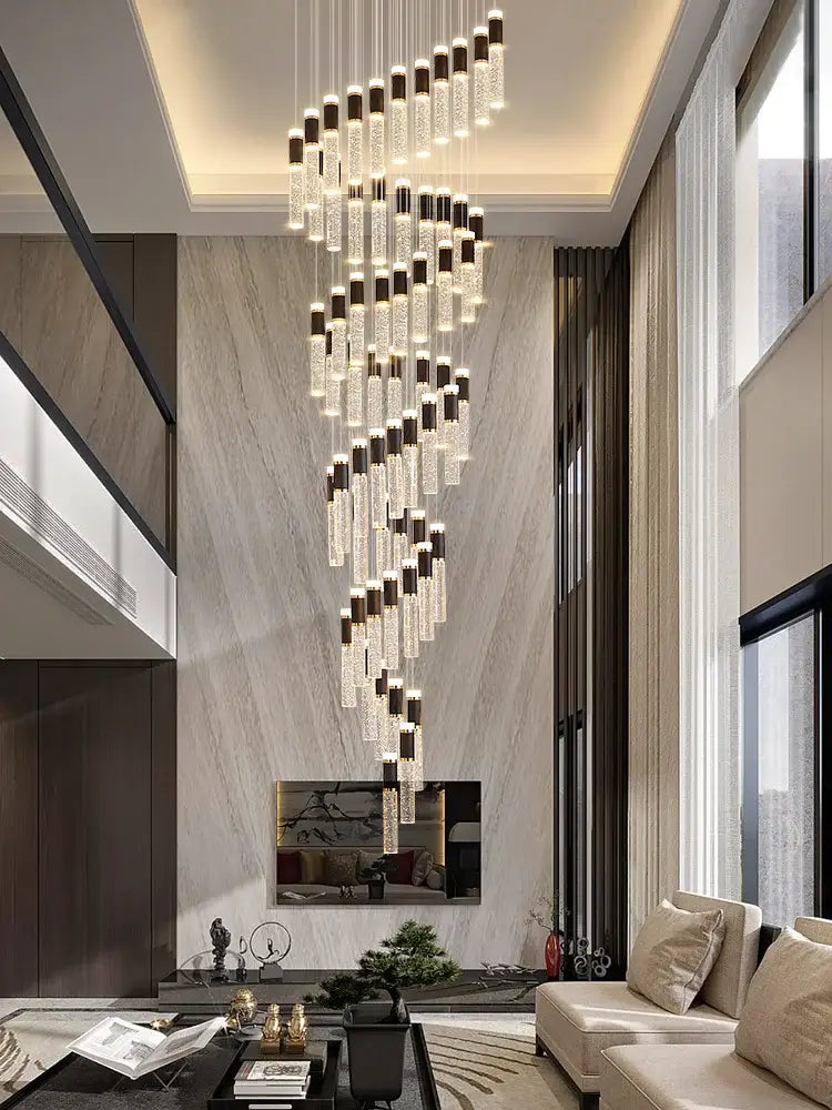 Modern black & gold cylindrical crystal chandelier living room light
