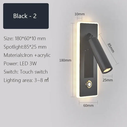 Modern black & gold dimmable led wall sconce bedroom reading light
