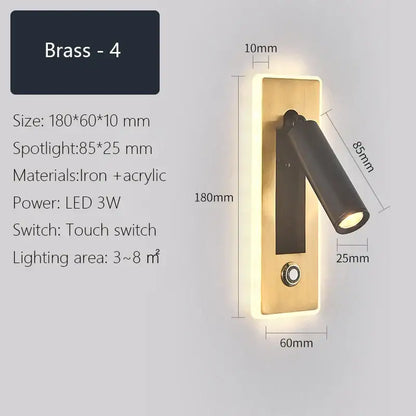 Modern black & gold dimmable led wall sconce bedroom reading light