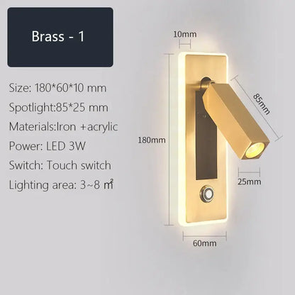 Modern black & gold dimmable led wall sconce bedroom reading light