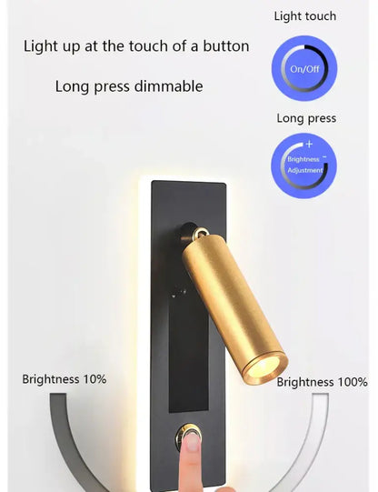 Modern black & gold dimmable led wall sconce bedroom reading light