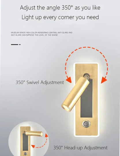 Modern black & gold dimmable led wall sconce bedroom reading light