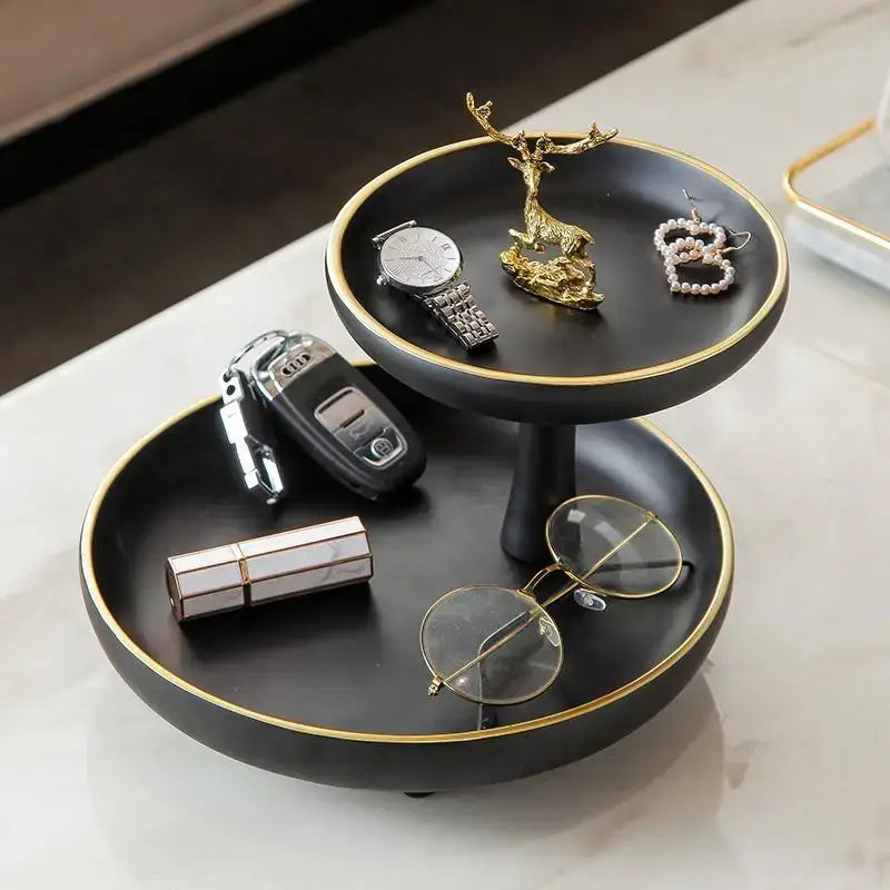 Modern black & gold double layer coffee table tray living room storage