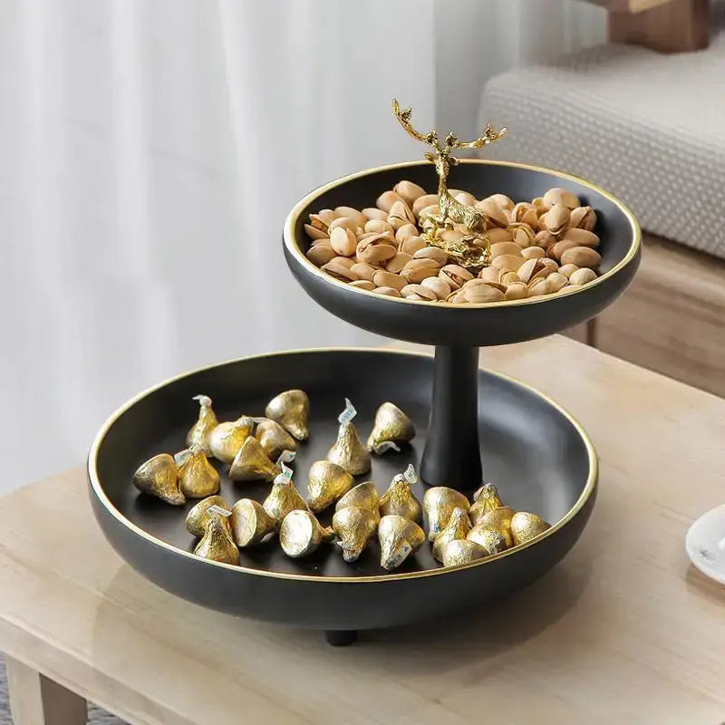 Modern black & gold double layer coffee table tray living room storage