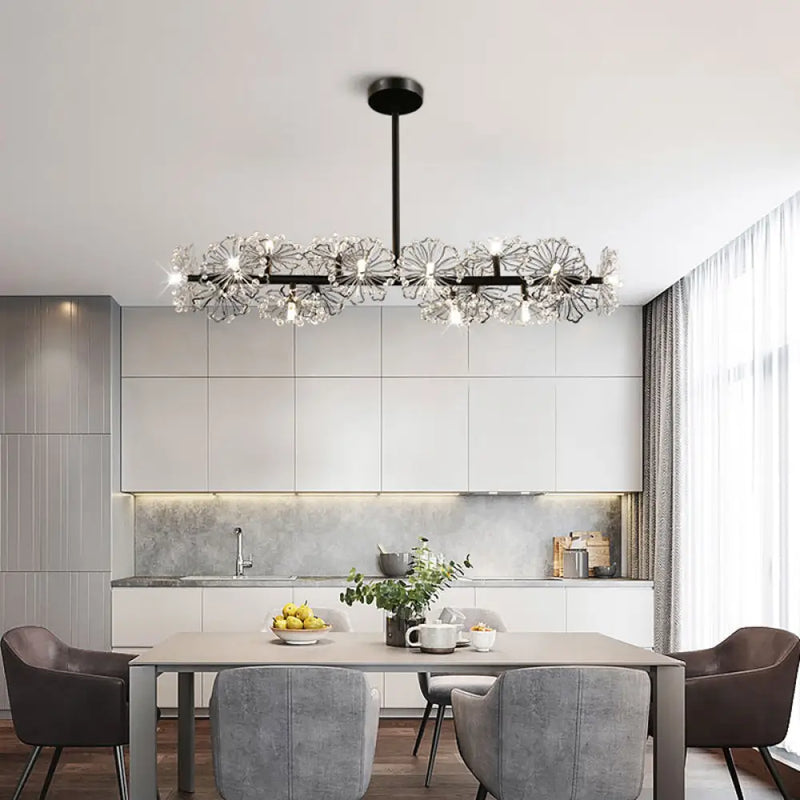 DecorBites™ Modern Black/Gold Floral Island Pendant with 16-Head Crystal Design - Hanging Ceiling Light Fixture