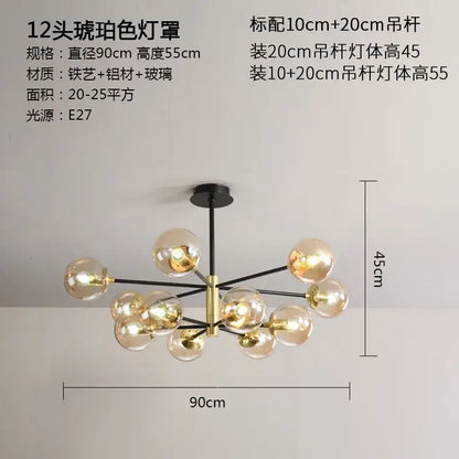 Modern black & gold glass ball led chandelier living room light