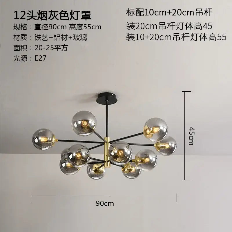Modern black & gold glass ball led chandelier living room light