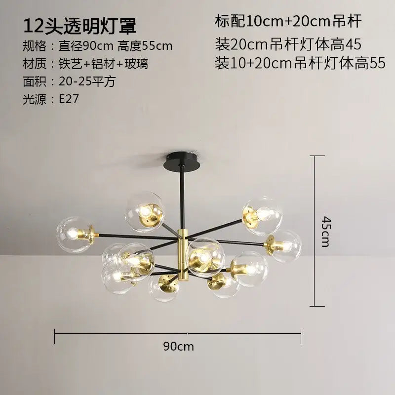 Modern black & gold glass ball led chandelier living room light