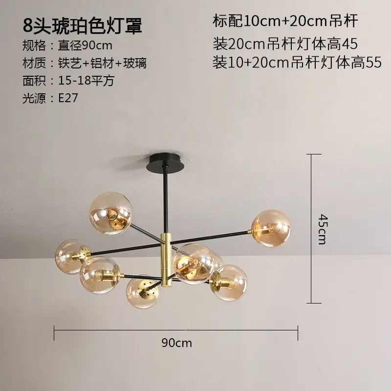 Modern black & gold glass ball led chandelier living room light