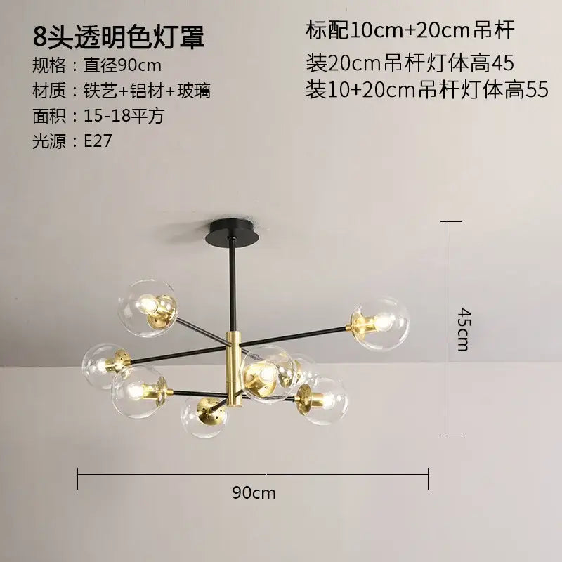 Modern black & gold glass ball led chandelier living room light