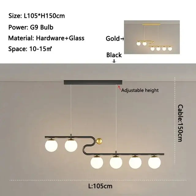Modern black & gold glass ball led chandelier pendant dining room