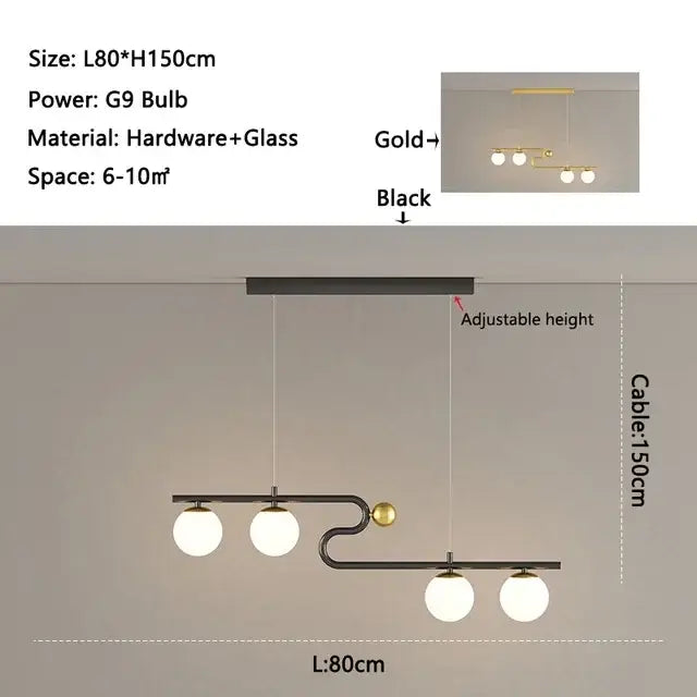 Modern black & gold glass ball led chandelier pendant dining room