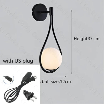 Modern black & gold glass ball led wall lamp bedroom sconce