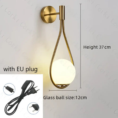 Modern black & gold glass ball led wall lamp bedroom sconce