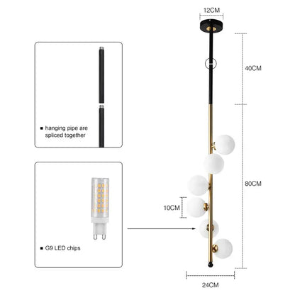 Modern black & gold glass ball pendant lights dining room 5 bulb