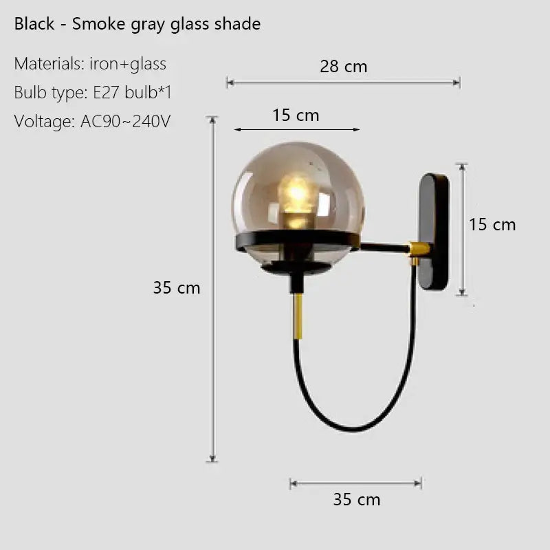Modern black & gold glass globe wall sconce – bedroom lamp