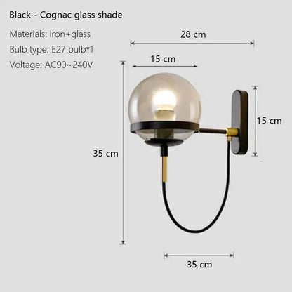 Modern black & gold glass globe wall sconce – bedroom lamp