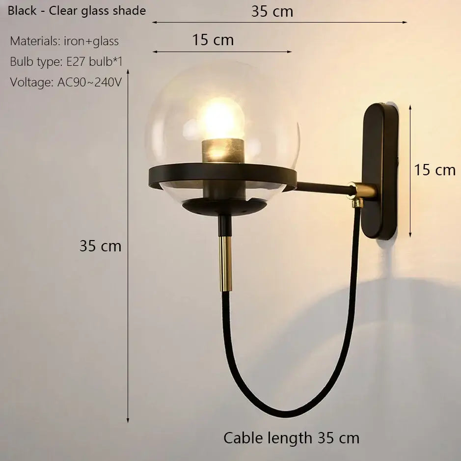 Modern black & gold glass globe wall sconce – bedroom lamp