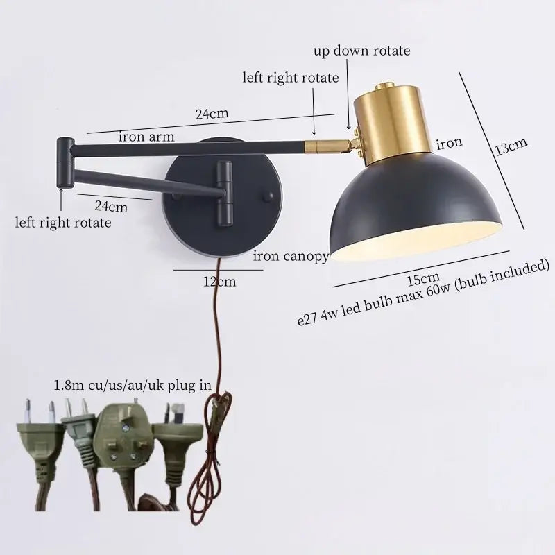 Modern black & gold iron art led wall lamp for bedroom