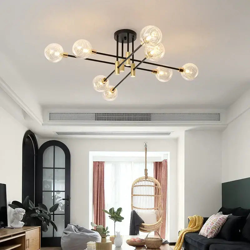 Modern black & gold led chandelier living room glass globe lamp